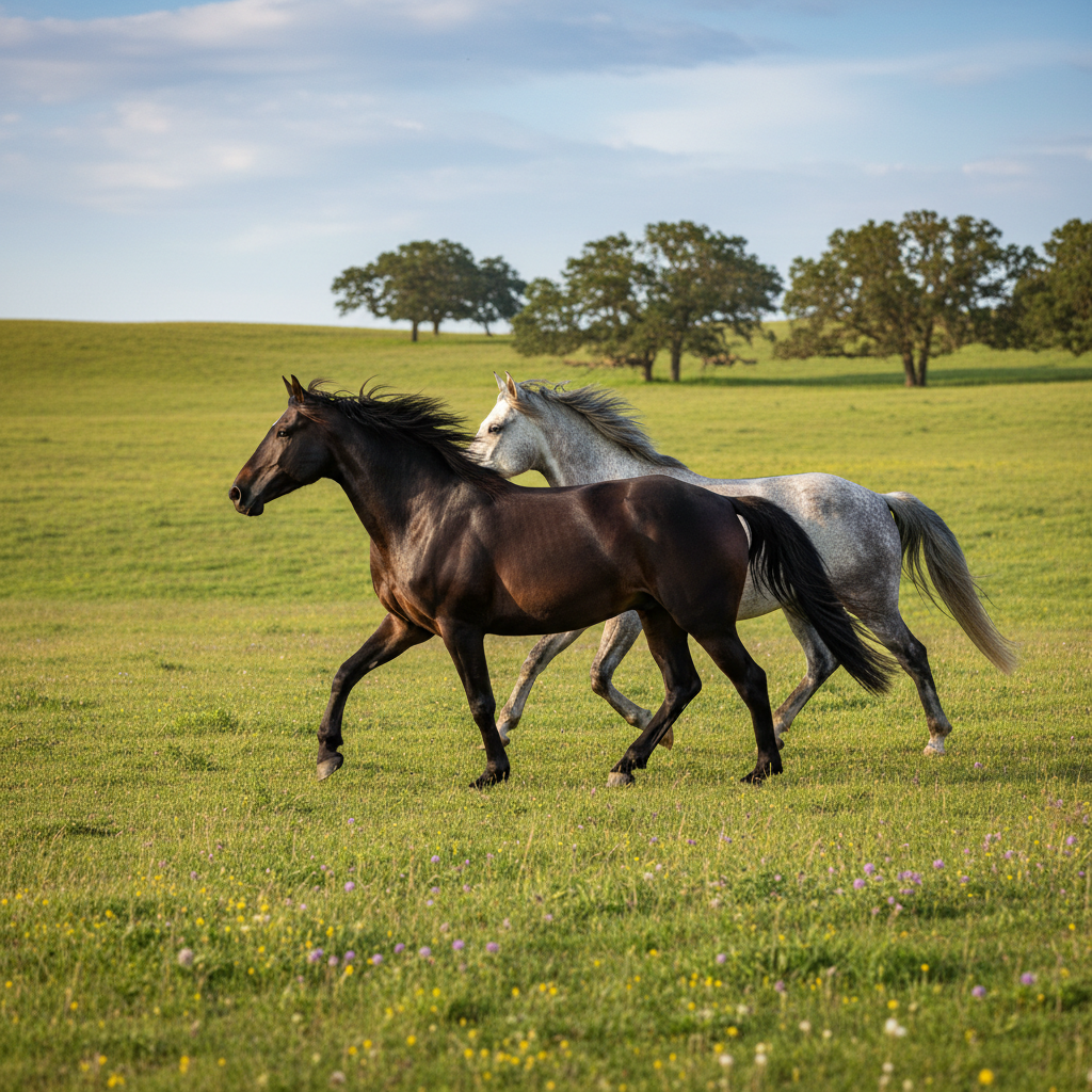 Illustrative horses moving in a landscape